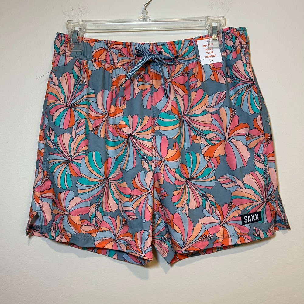 SAXX Swim Trunks Oh Bouy 2N1 Cooling Liner Gray Pink Turquoise Floral NEW